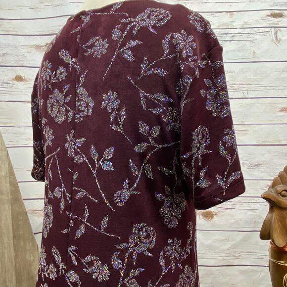 Michael Carrie Short Sleeve Glitter Roses Dress Small Stretchy Wine Purple - Picture 5 of 10
